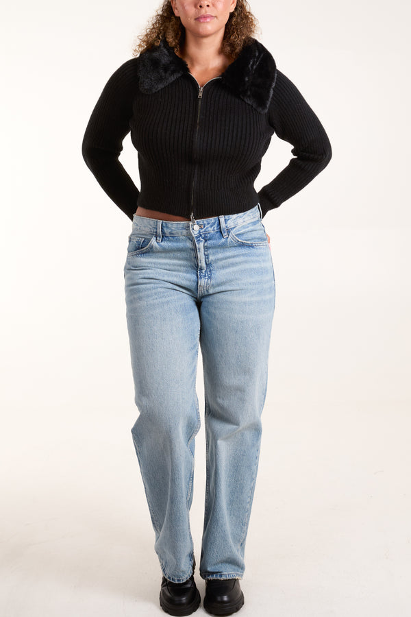 Qed London Fur Collar Zip Through Ribbed Cardigan