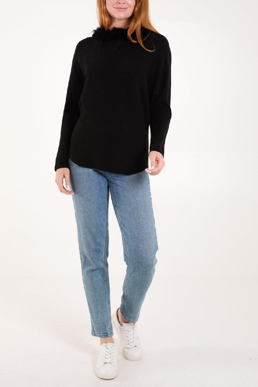 Qed London Fur Collared Fine Rib Knti Jumper