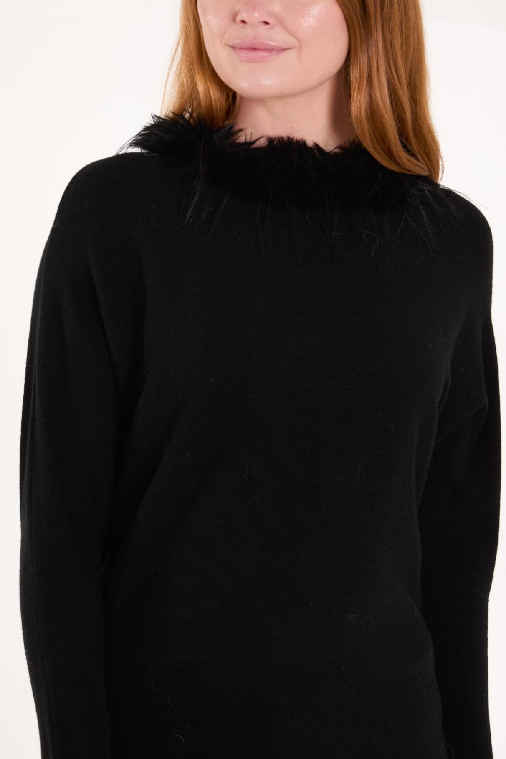 Qed London Fur Collared Fine Rib Knti Jumper