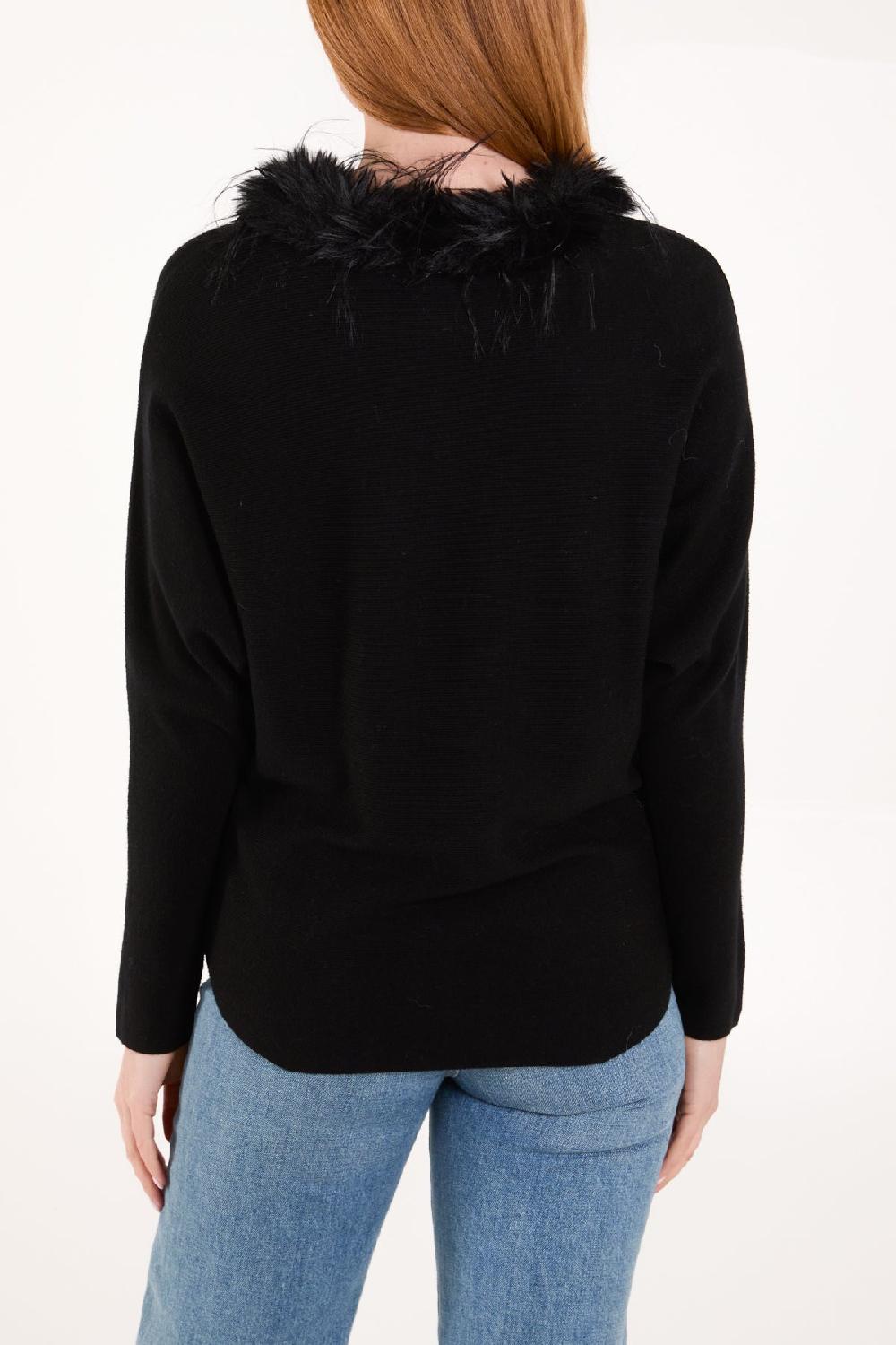 Qed London Fur Collared Fine Rib Knti Jumper