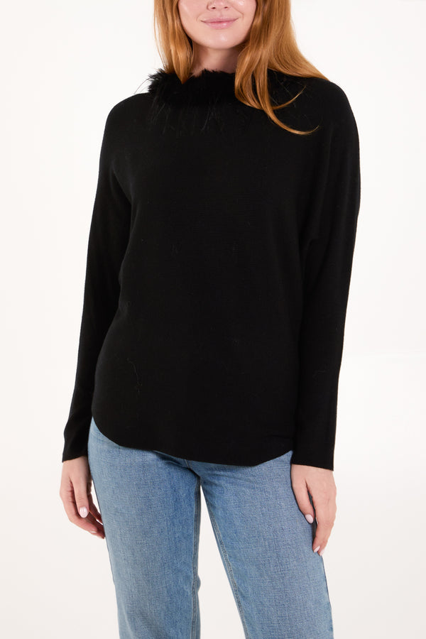 qed london Fur Collared Fine Rib Knti Jumper