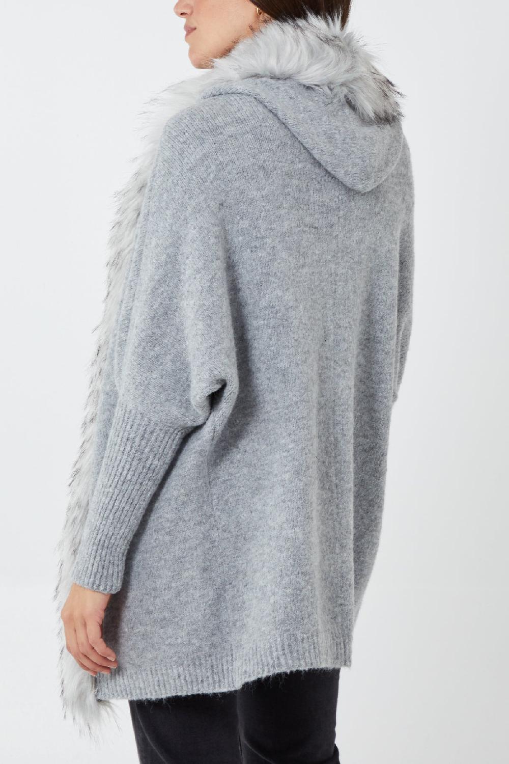 Qed London Fur Trim Batwing Hooded Cardigan