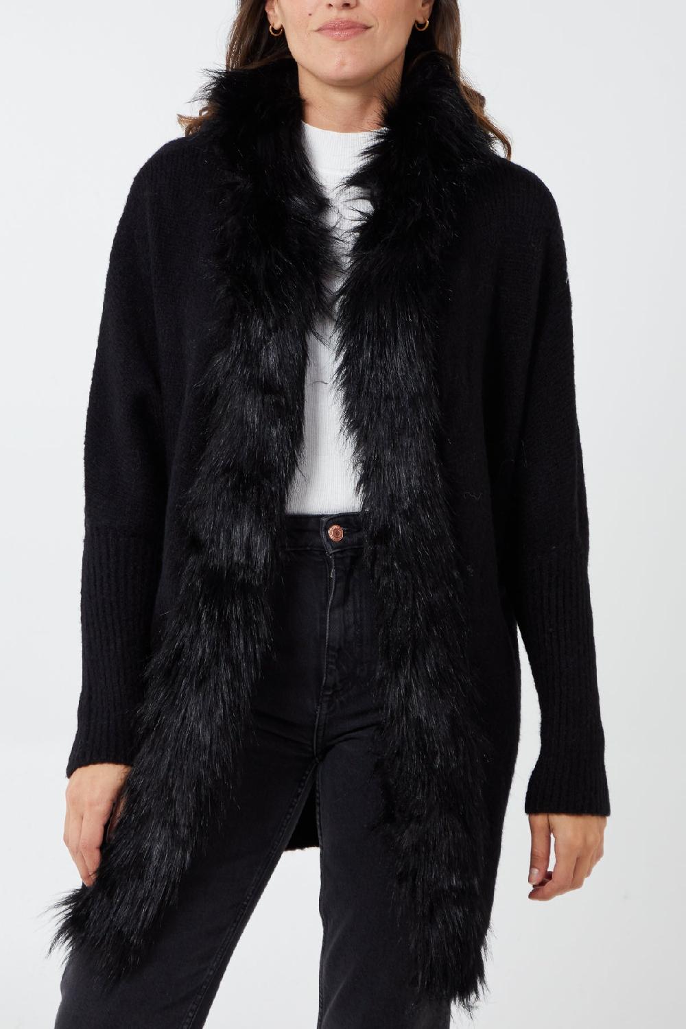 Qed London Fur Trim Batwing Hooded Cardigan