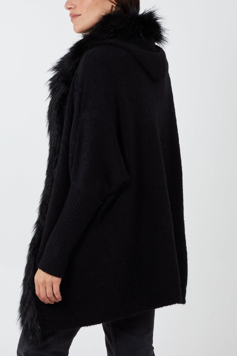 Qed London Fur Trim Batwing Hooded Cardigan