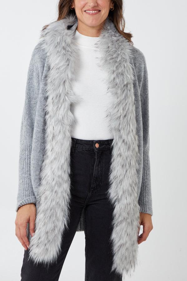 qed london Fur Trim Batwing Hooded Cardigan