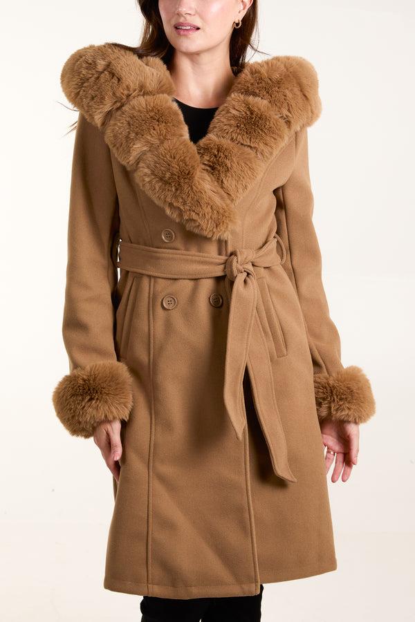 Qed London Fur Trim Double Breasted Coat