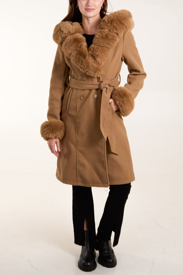 qed london Fur Trim Double Breasted Coat