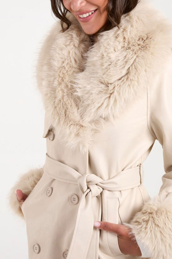 Qed London Fur Trim Double Breasted PU Coat