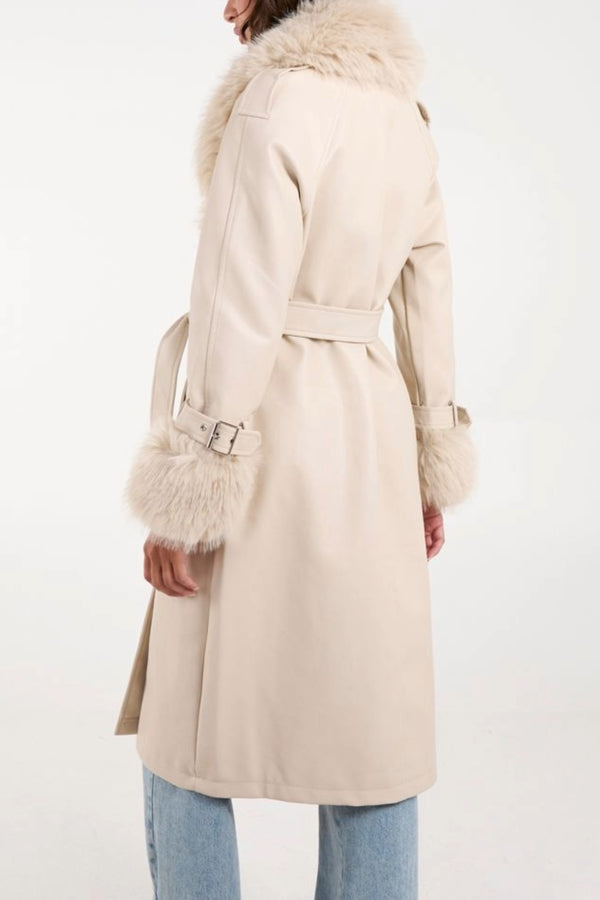 Qed London Fur Trim Double Breasted PU Coat