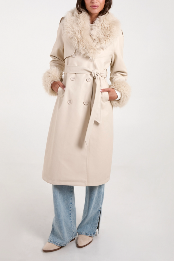 qed london Fur Trim Double Breasted PU Coat