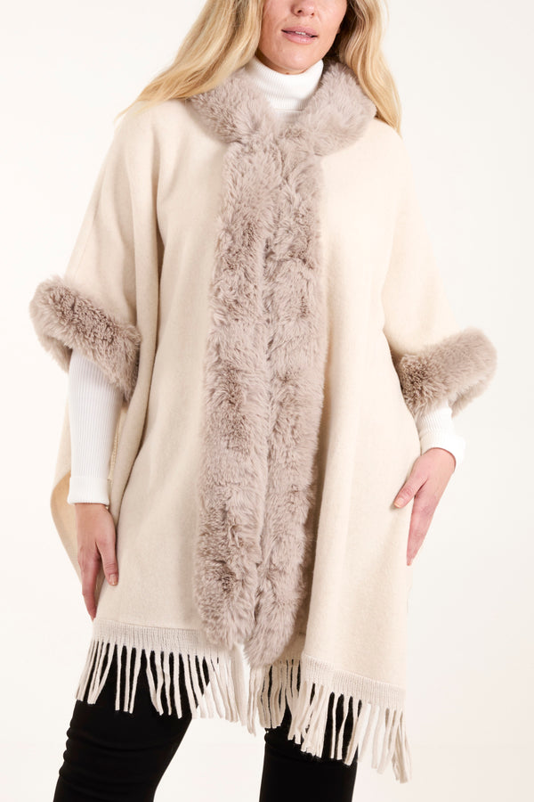 Qed London Fur Trim Tassel Cape