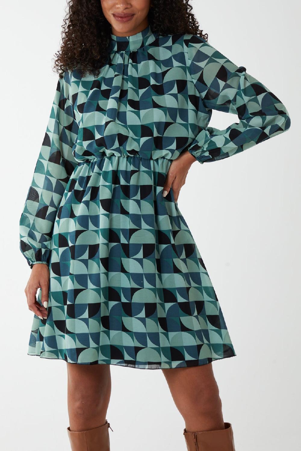 Qed London Geo Print Blouson Gathered Hem Dress