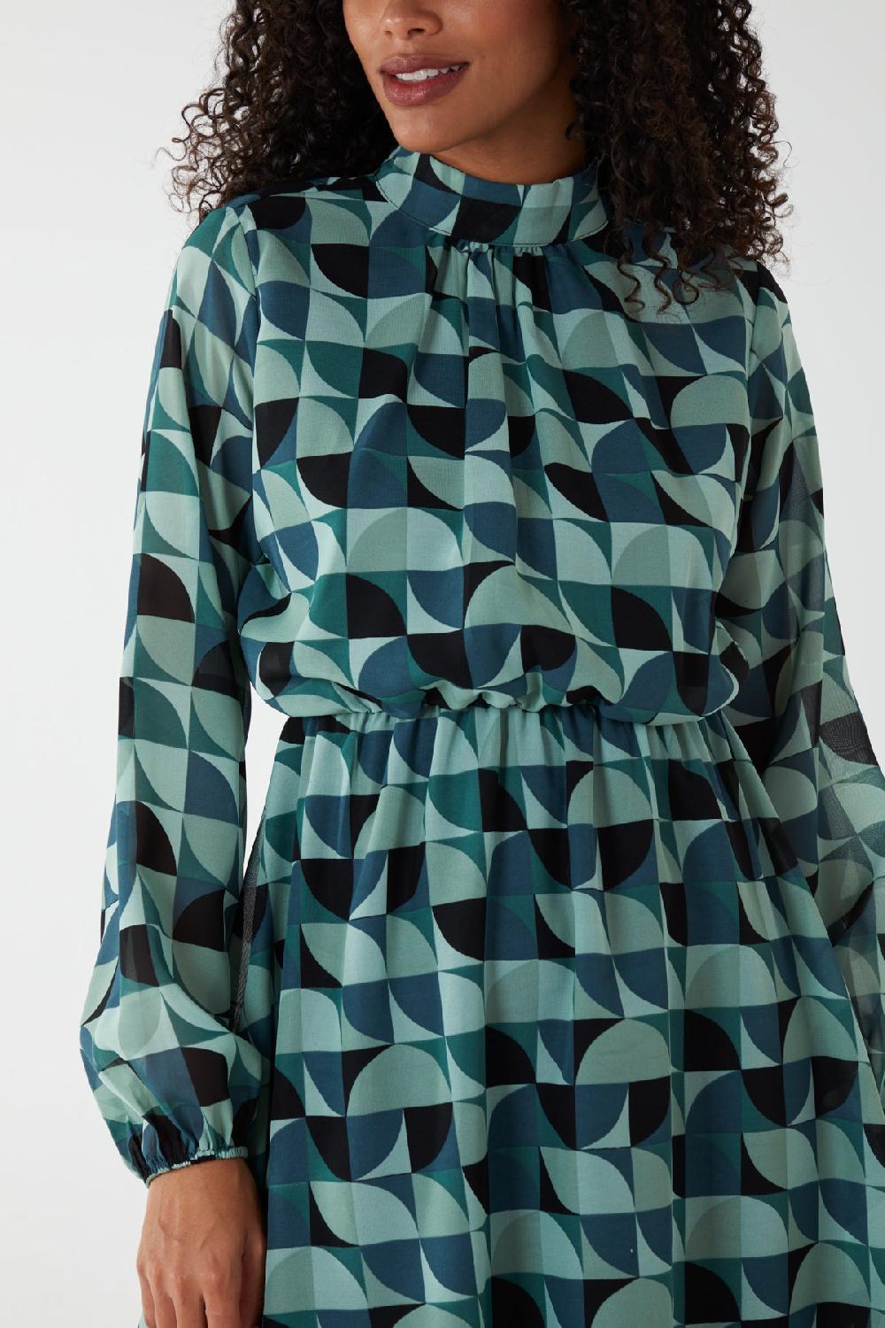 Qed London Geo Print Blouson Gathered Hem Dress