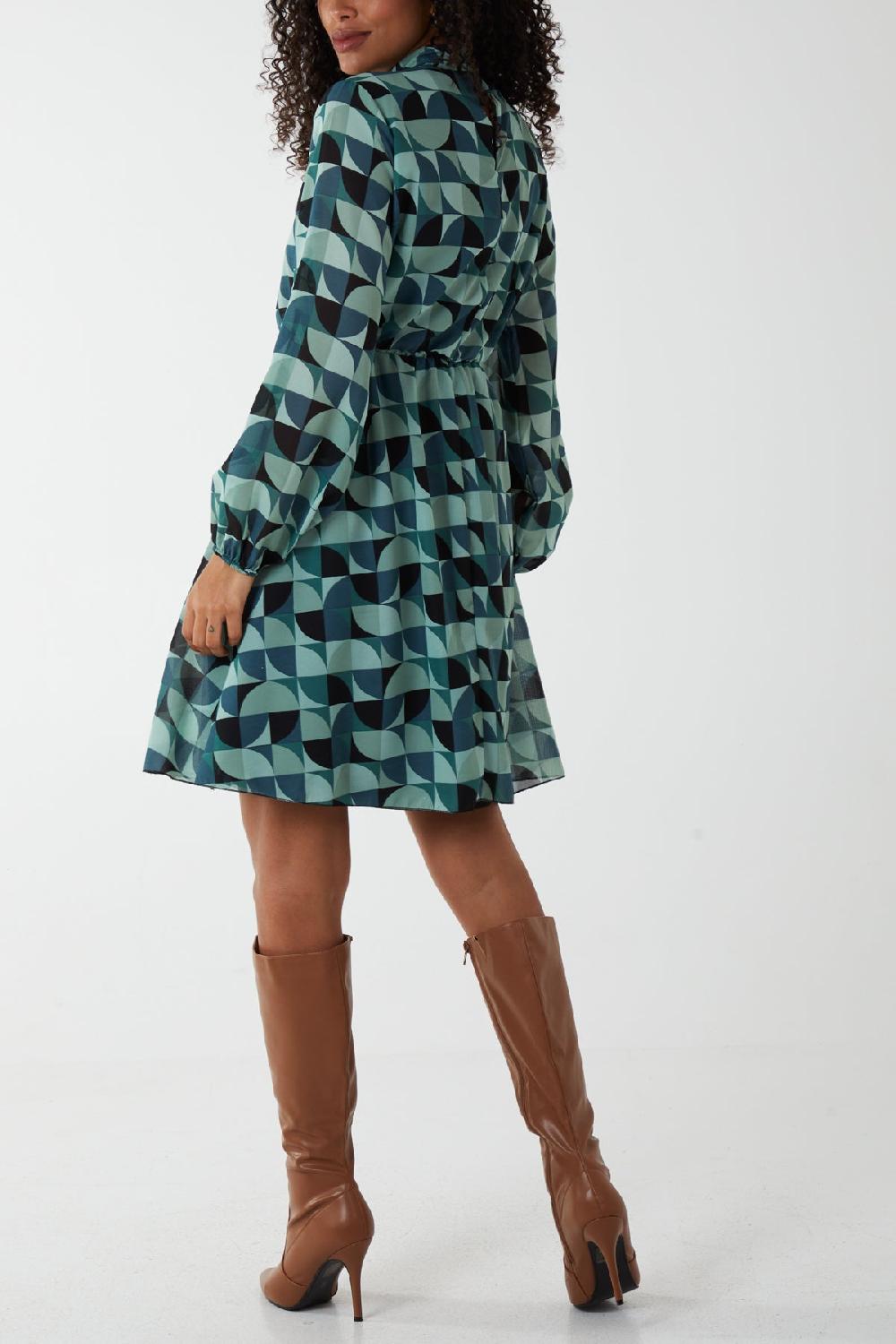 Qed London Geo Print Blouson Gathered Hem Dress