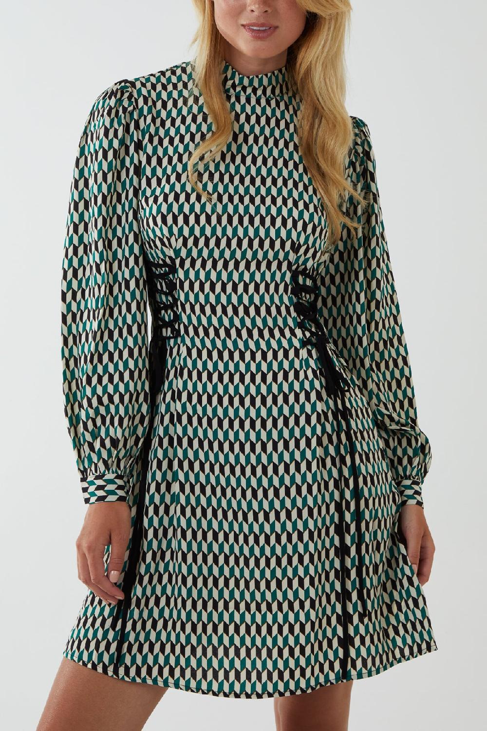 Qed London Geo Print Lace Side Waist Mini Dress