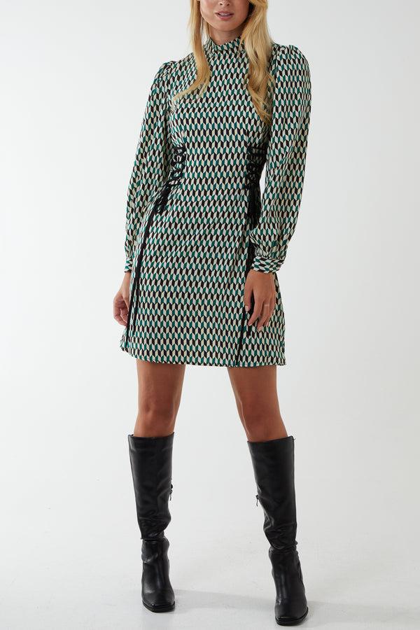 qed london Geo Print Lace Side Waist Mini Dress