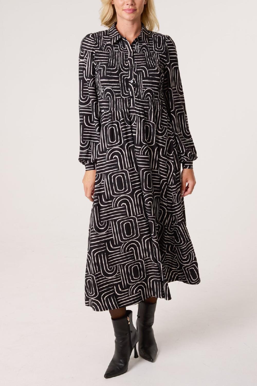 Qed London Geo Swirl Shirred Button Stretch Dress