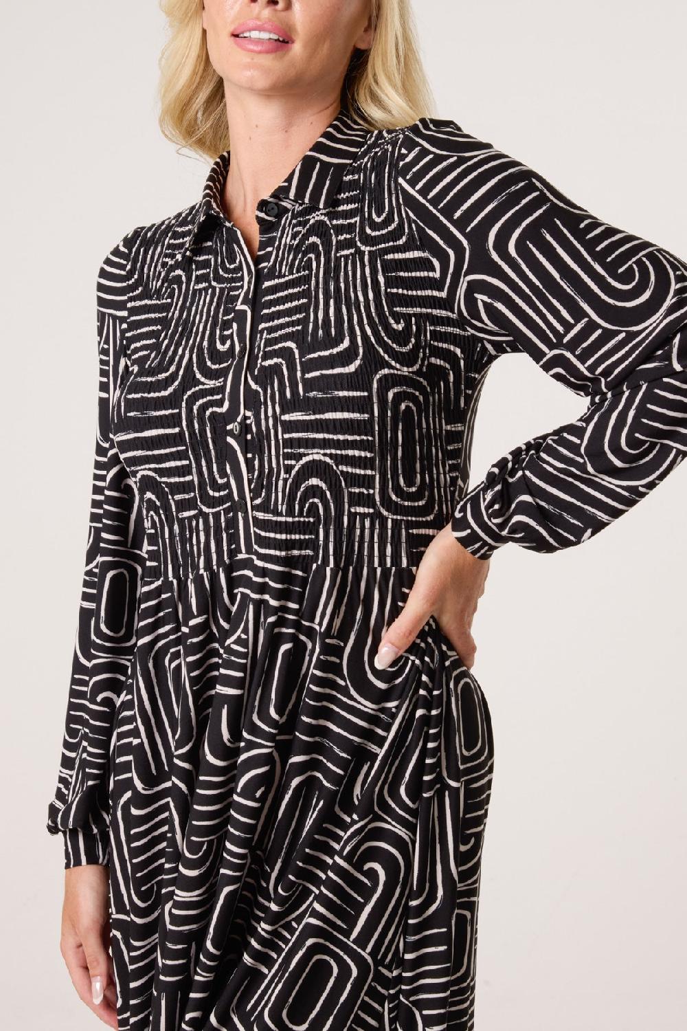 Qed London Geo Swirl Shirred Button Stretch Dress