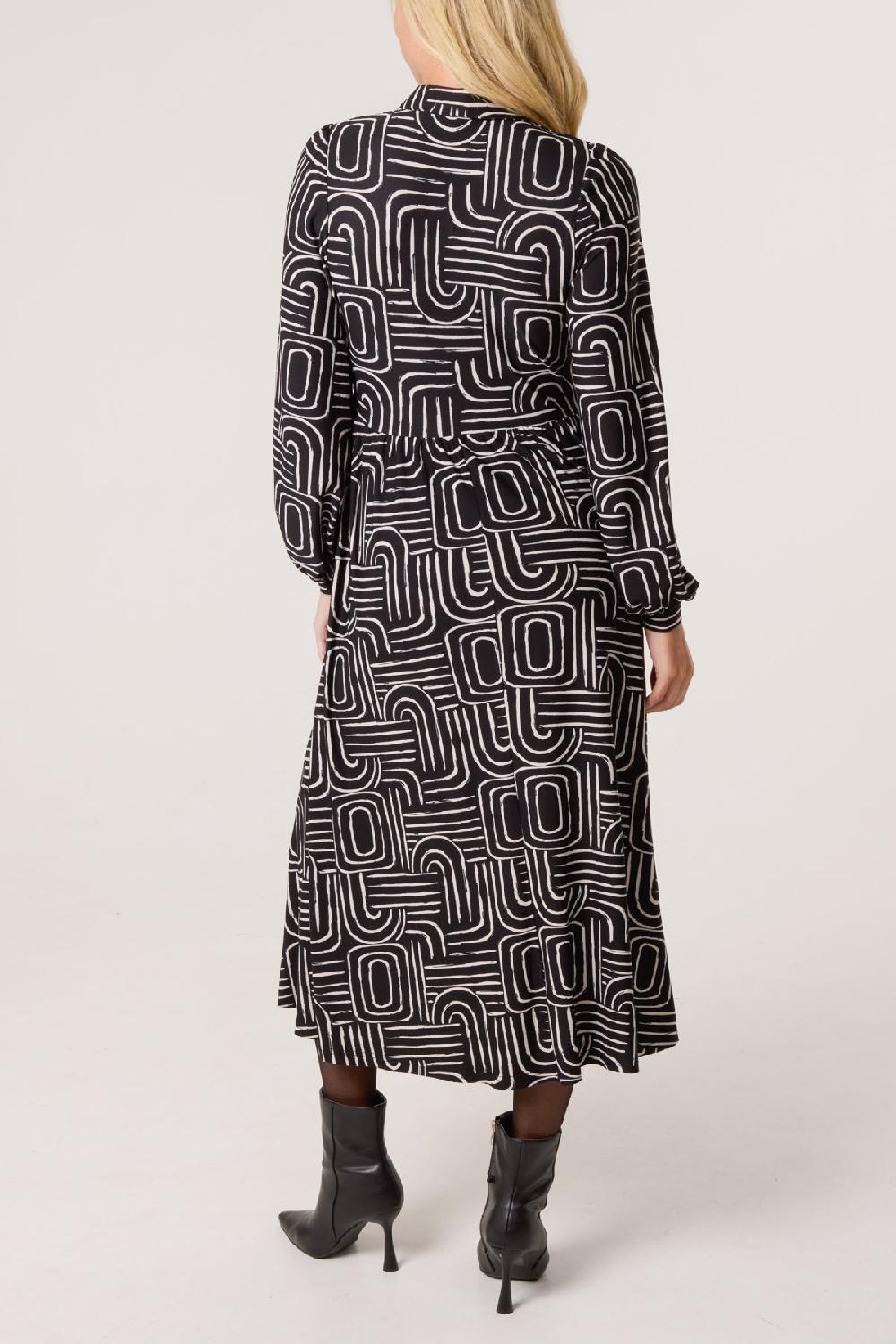 Qed London Geo Swirl Shirred Button Stretch Dress