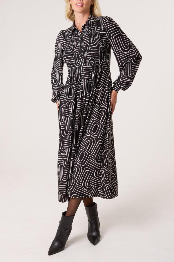 qed london Geo Swirl Shirred Button Stretch Dress
