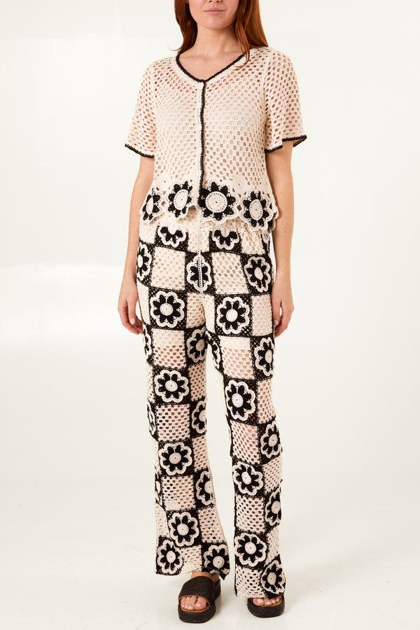 Qed London Geometric Flower Crochet Trousers