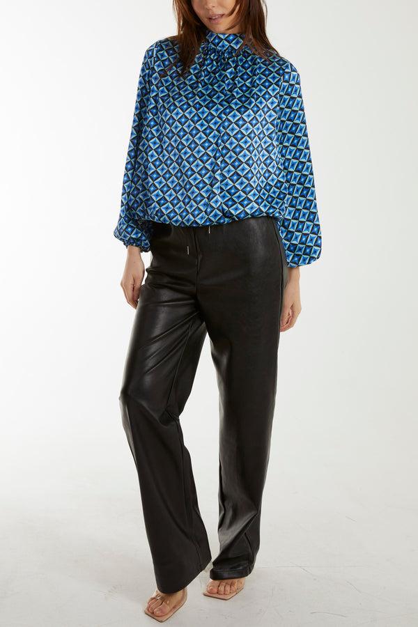 Qed London Geometric Print Blouson Satin Top