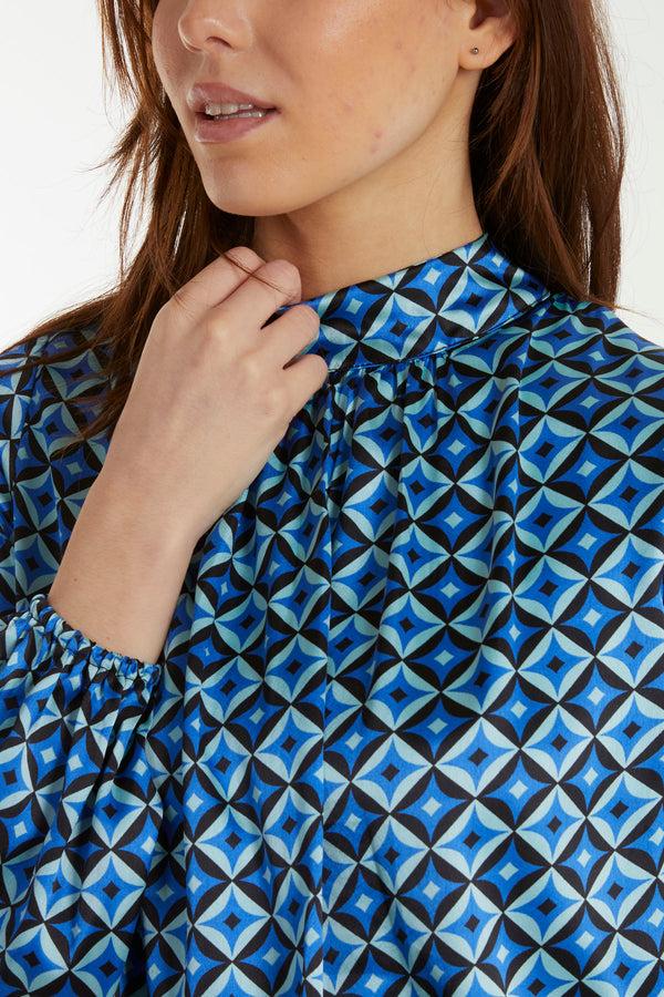 Qed London Geometric Print Blouson Satin Top