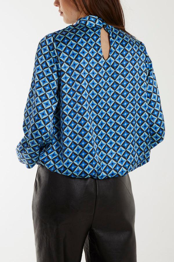 Qed London Geometric Print Blouson Satin Top