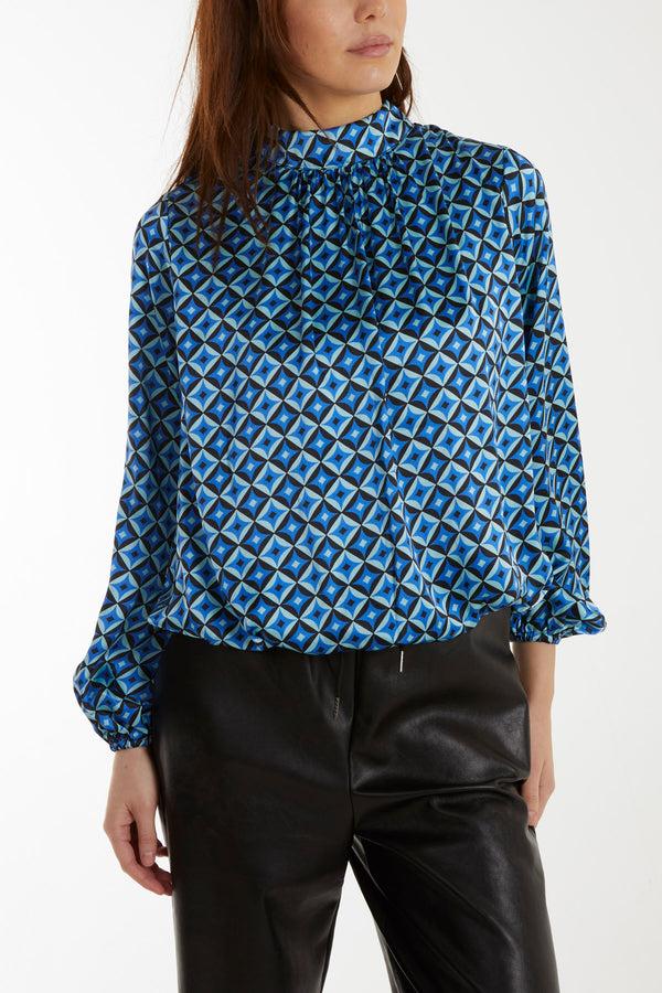 qed london Geometric Print Blouson Satin Top