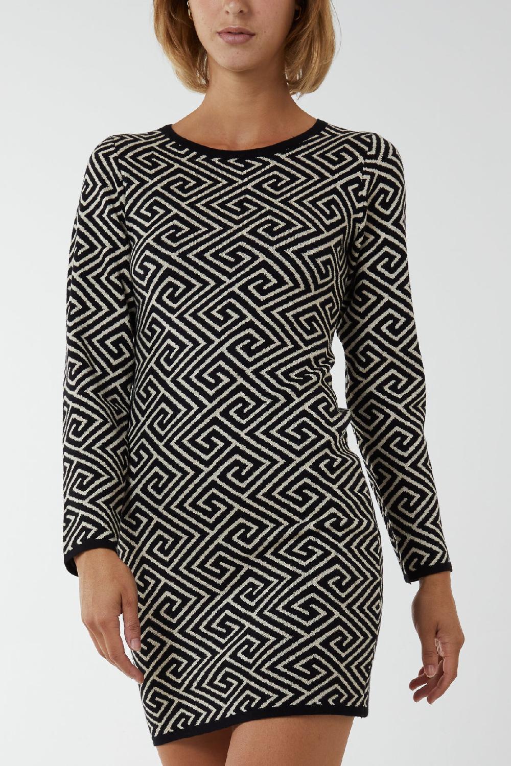 Qed London Geometric Print Crew Neck Bodycon Dress