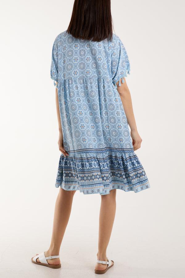 Qed London Geometric Print Dress With Tassels