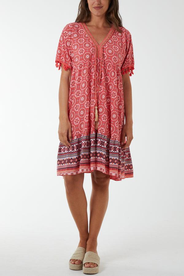 Qed London Geometric Print Dress With Tassels