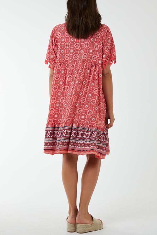 Qed London Geometric Print Dress With Tassels