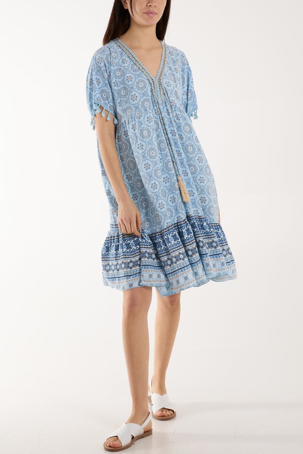 qed london Geometric Print Dress with Tassels