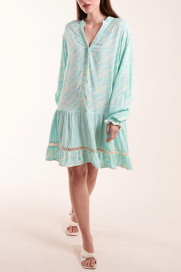 Qed London Geometric Tiered Button Down Dress