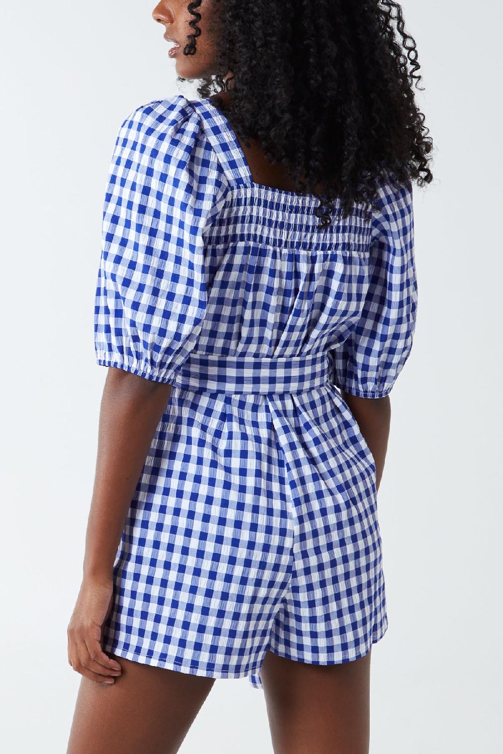 Qed London Gingham Shirred Tie Playsuit