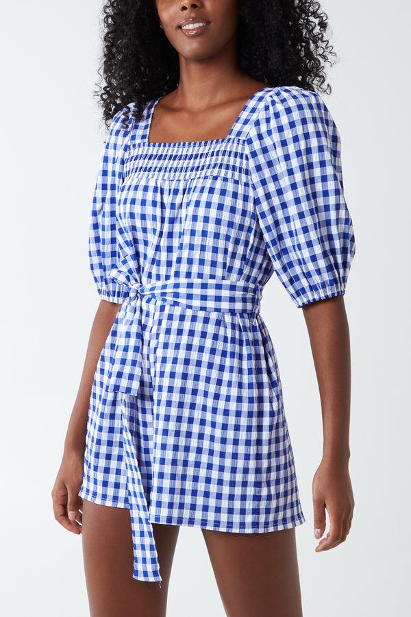qed london Gingham Shirred Tie Playsuit