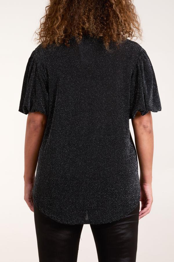 Qed London Glitter Balloon Sleeve Metallic Top