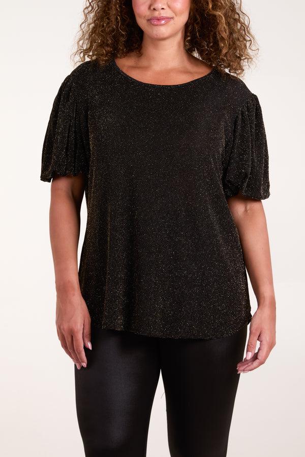 Qed London Glitter Balloon Sleeve Metallic Top