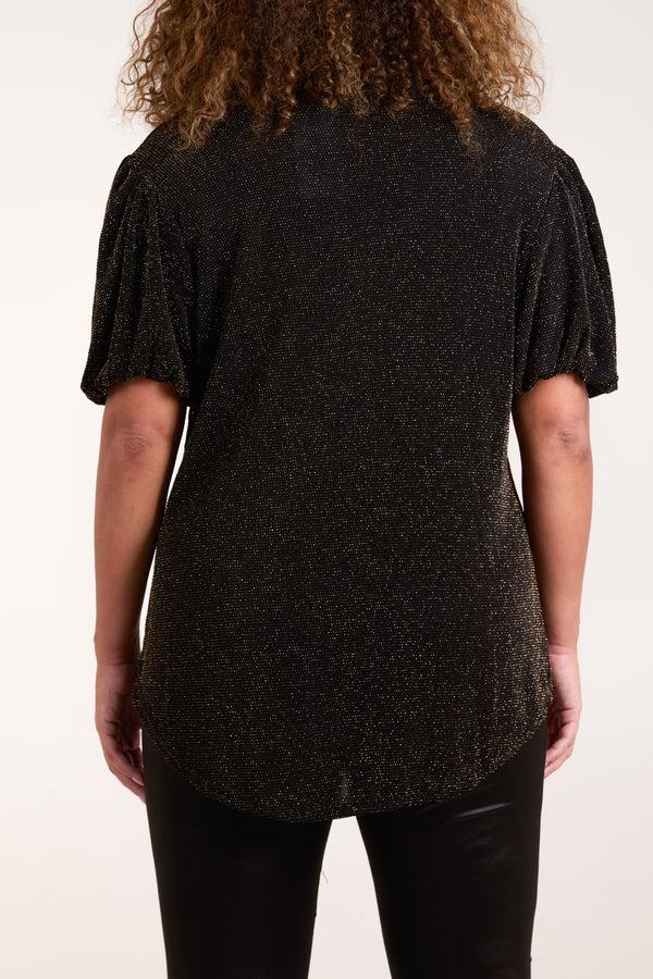 Qed London Glitter Balloon Sleeve Metallic Top