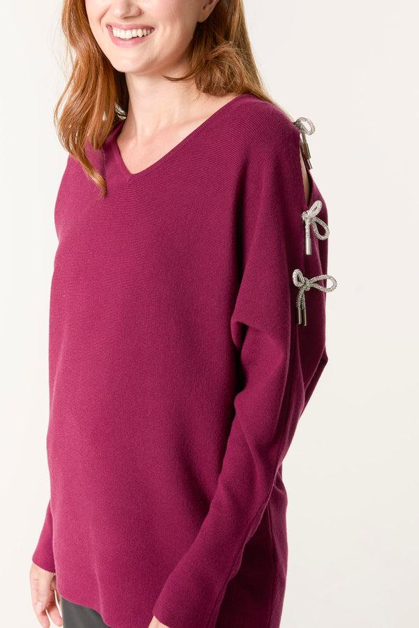 Qed London Glitter Bow Cut Out Sleeve Jumper