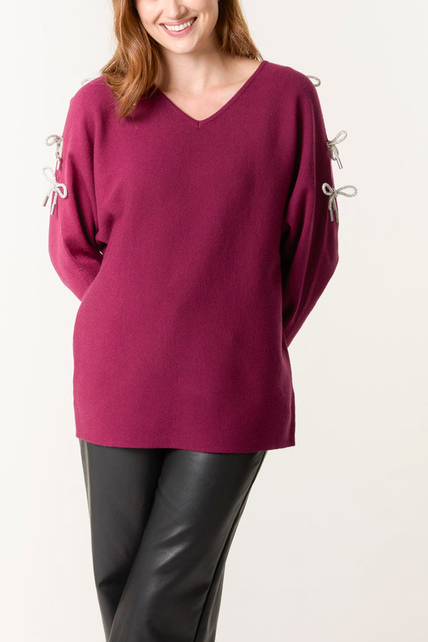 qed london Glitter Bow Cut Out Sleeve Jumper
