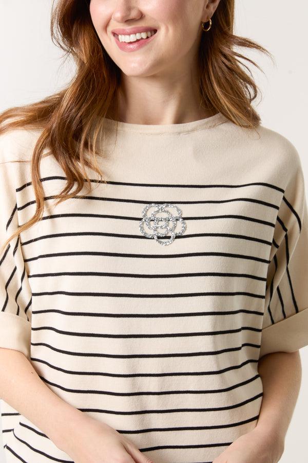 Qed London Glitter Flower Horizontal Striped Top