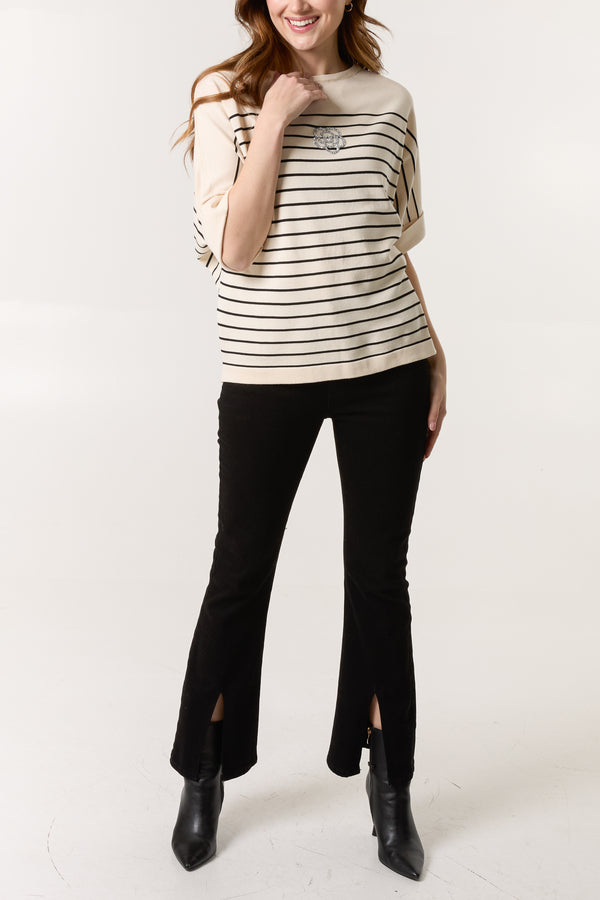 Qed London Glitter Flower Horizontal Striped Top