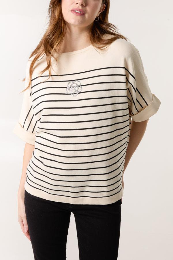 Qed London Glitter Flower Horizontal Striped Top