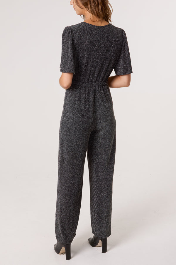 Qed London Glitter Lurex Angel Sleeve Jumpsuit