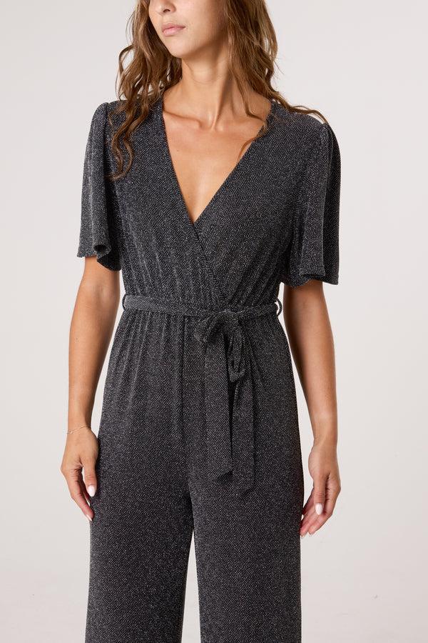 Qed London Glitter Lurex Angel Sleeve Jumpsuit