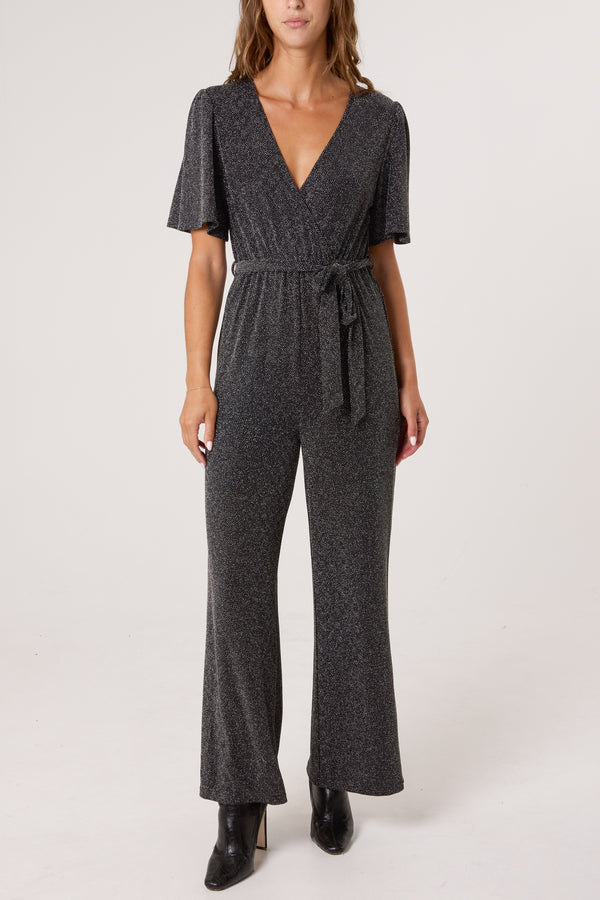 qed london Glitter Lurex Angel Sleeve Jumpsuit