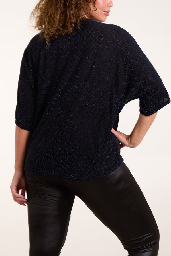 Qed London Glitter Lurex Tie Front Hem Blouse