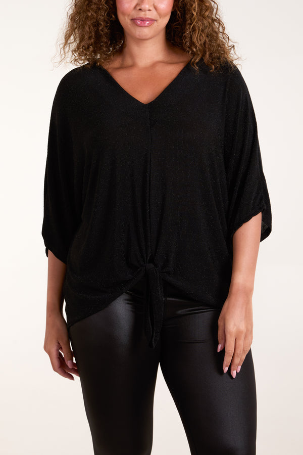 Qed London Glitter Lurex Tie Front Hem Blouse